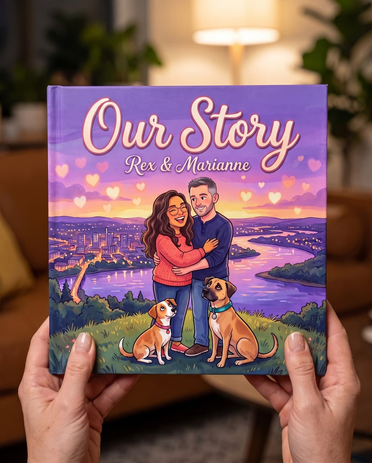 Hands holding the printed Our Story hardcover, its painted dusk cover facing the camera