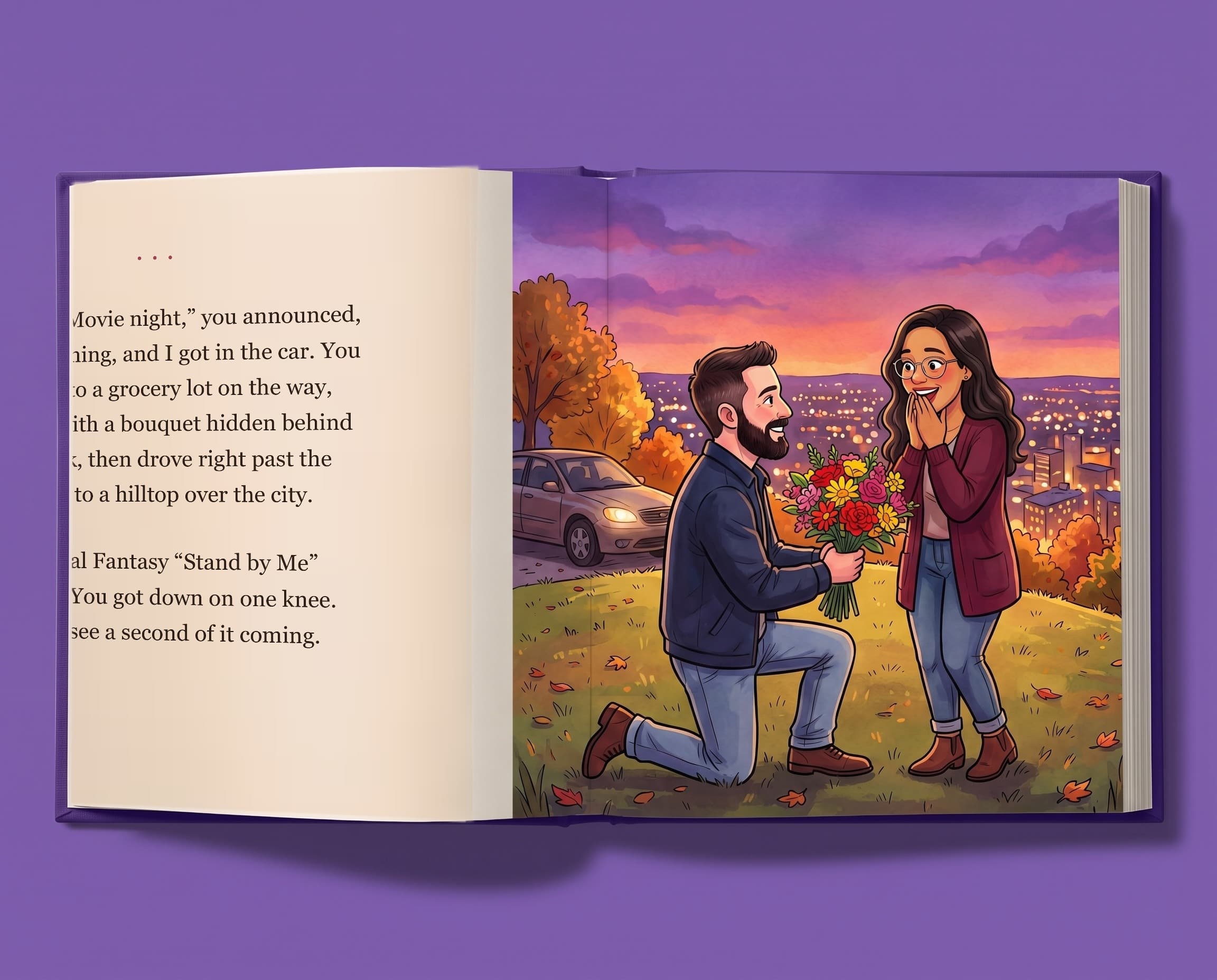 Open hardcover showing the painted proposal spread at sunset, flowers in hand, the city lit up behind them